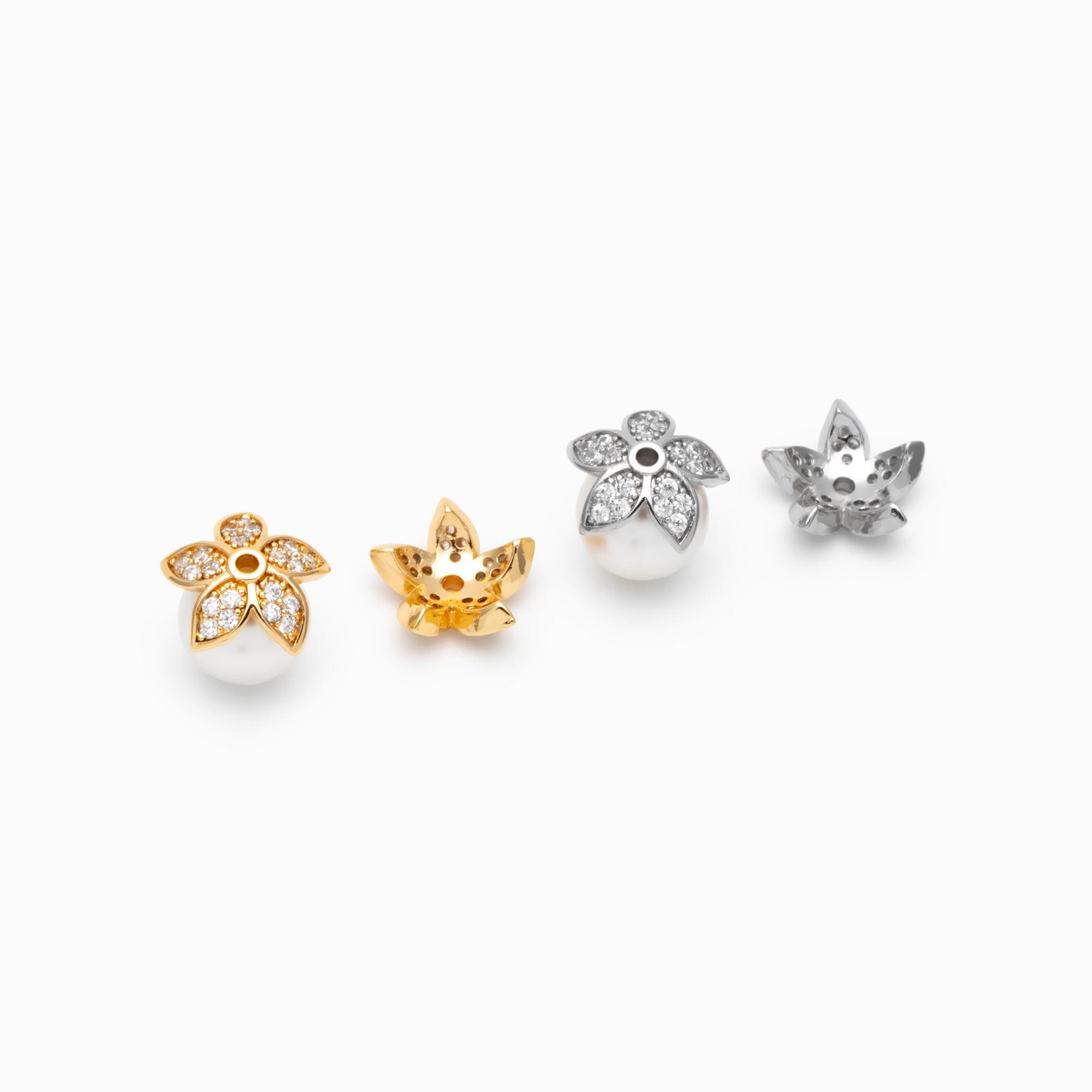 10pcs CZ Pave Gold/ Silver Flower Bead Caps 10mm, Real Gold/ Rhodium plated Brass, Lead Nickel Free (GB-4645)